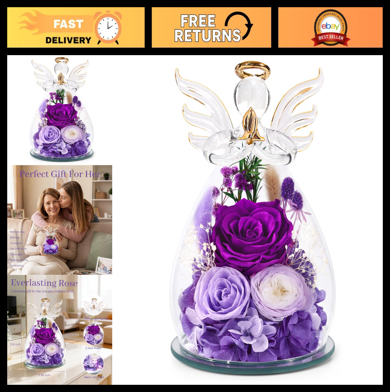 Preserved Rose in Glass Angel Figurine Gift for Mom, Wife, Grandma