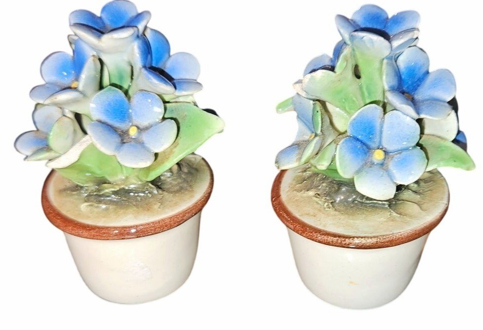 Vintage Miniature Flower Figurines Italian Porcelain Blue 3″ Handcrafted Decor