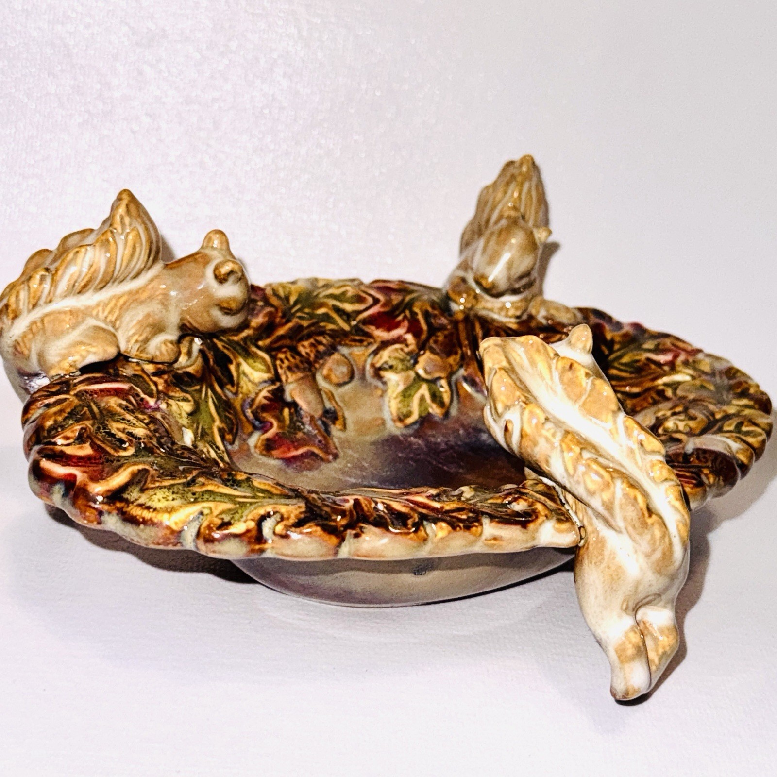 Ceramic Squirrels Footed Dish Playing In Leaves Fall Autumn Animals