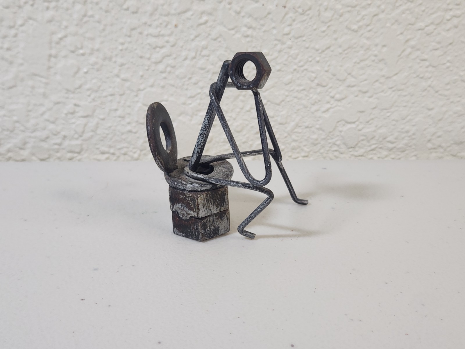 Vtg Welded Art Crafted Nuts Hardware Metal Figurine On Toilet “Thinking Man”
