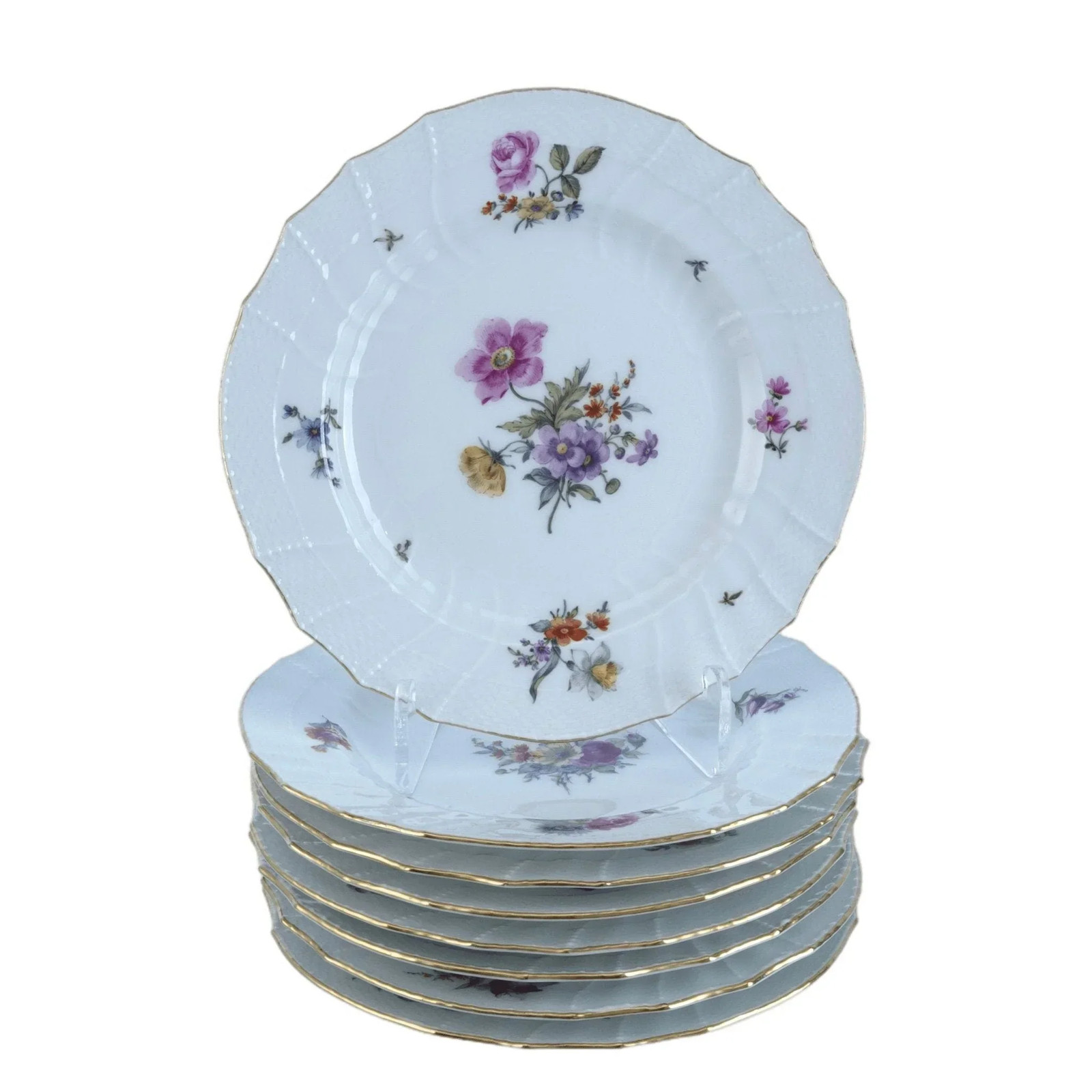 Antique KPM Basketweave Hand Painted Dresden Flowers Pattern Luncheon Plates 8.5