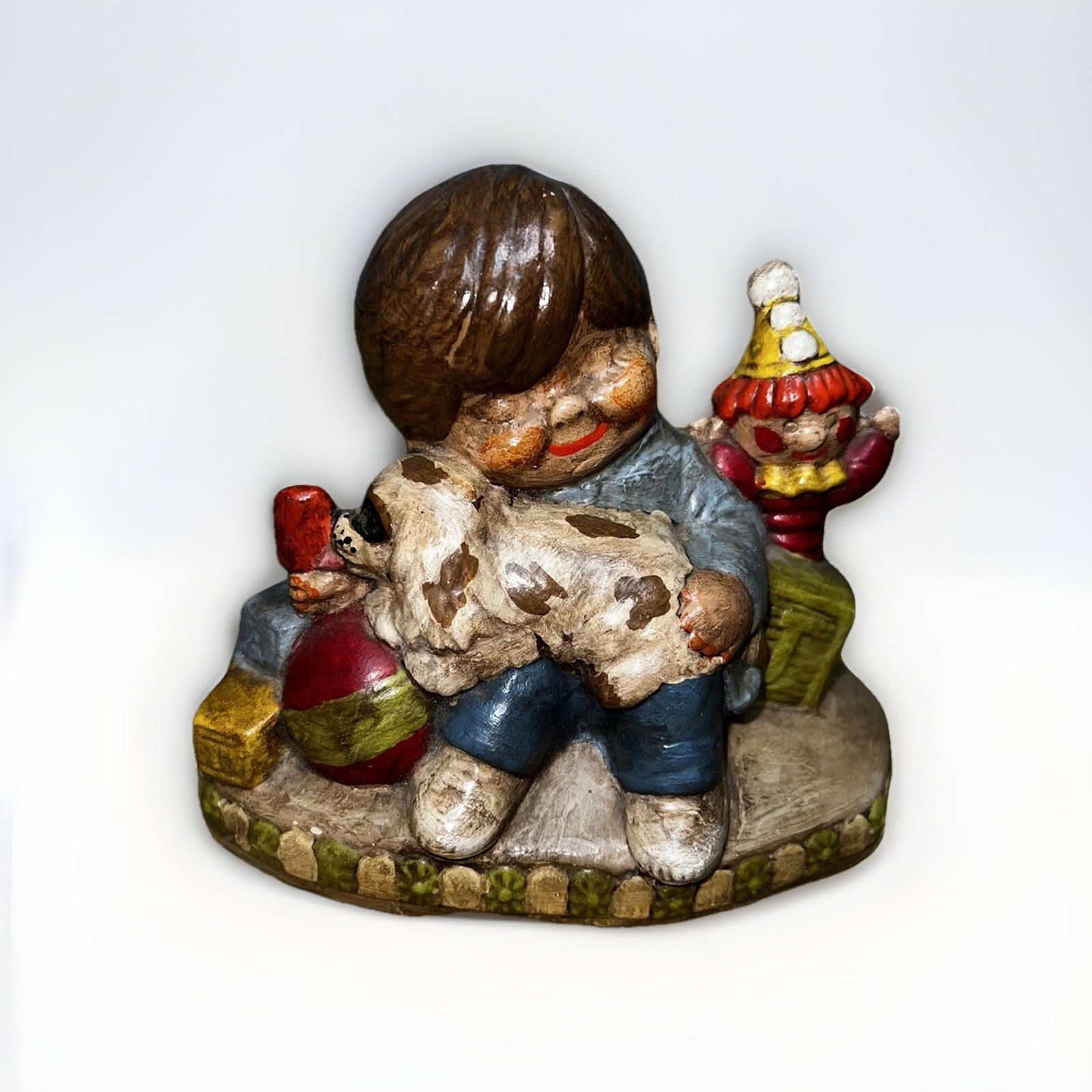 Ceramic Chrome Inc California Boy Holding Dog with Toys Vtg USA 1970 Collectible