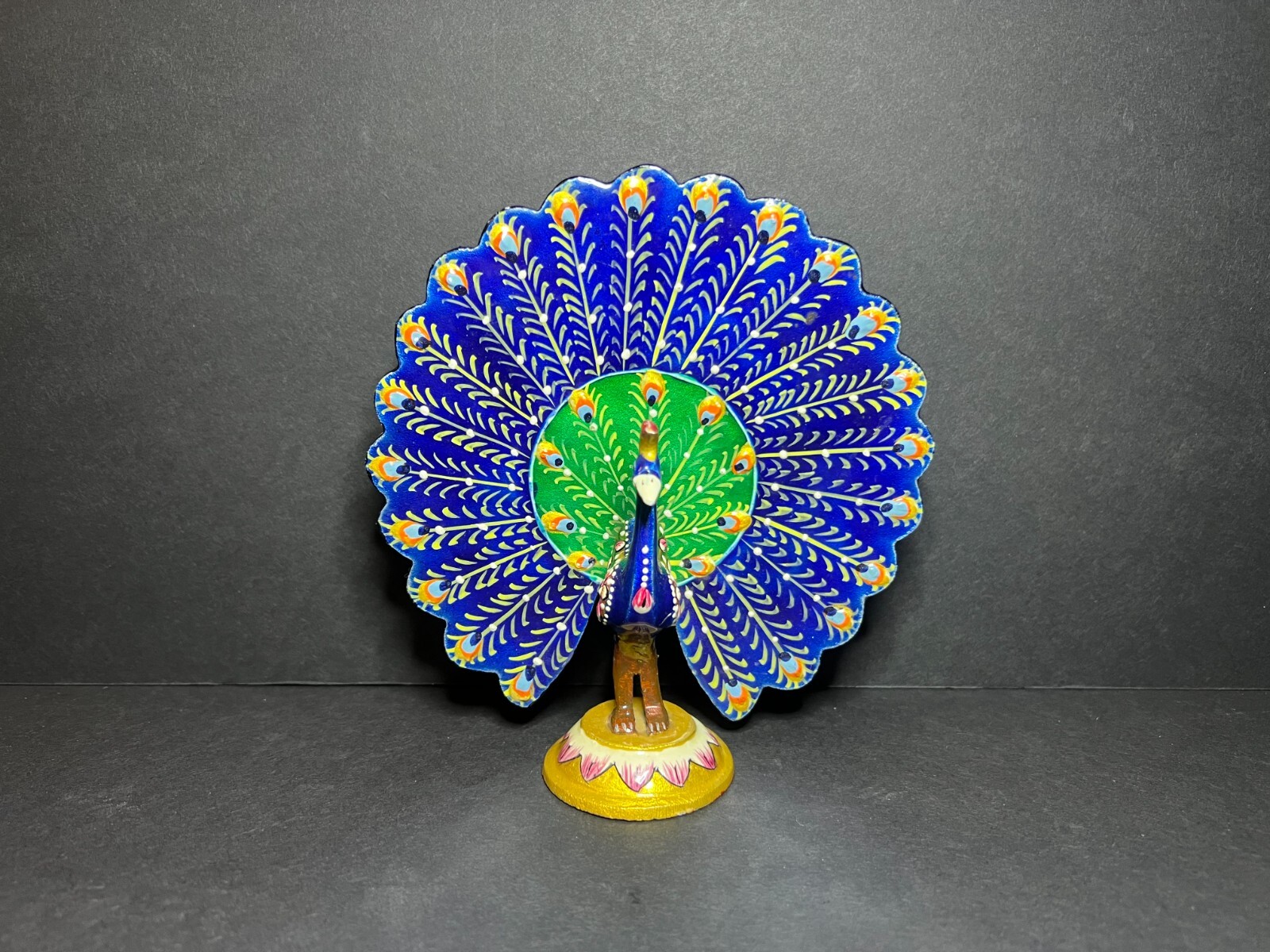 VTG Signed Hand Painted Blue & Green Metal Folk Art Dancing Peacock Figure 5.5″