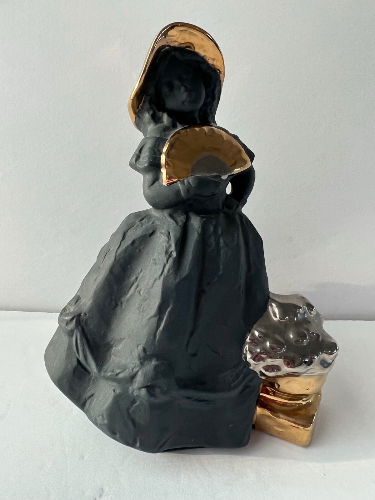 Nadal Spain Porcelain Matte Black /Gold/ Silver Figurine Girl w/Fan