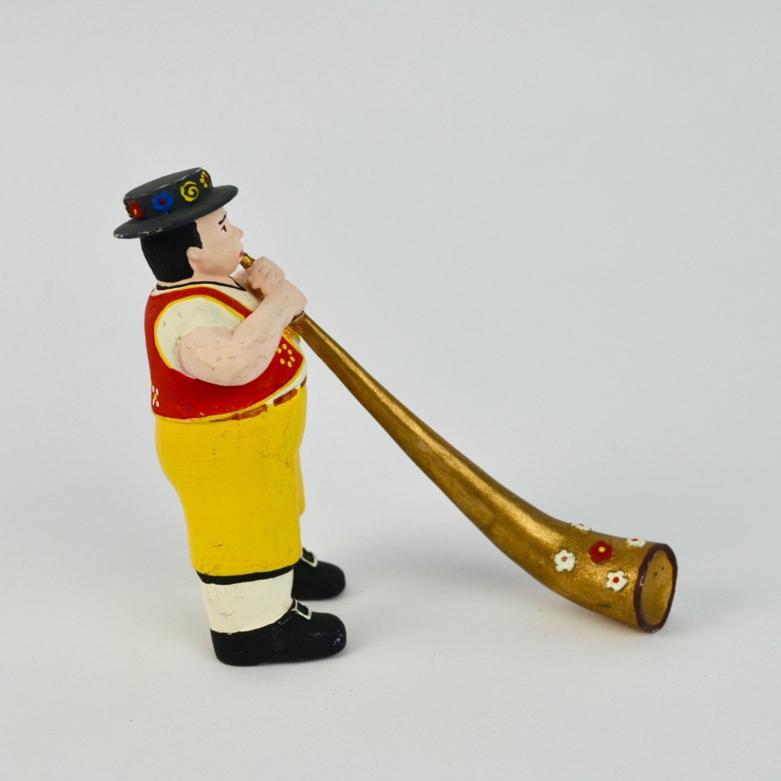 Hand-Painted Folk Musician Figurine With Alpine Horn & Traditional Outfit