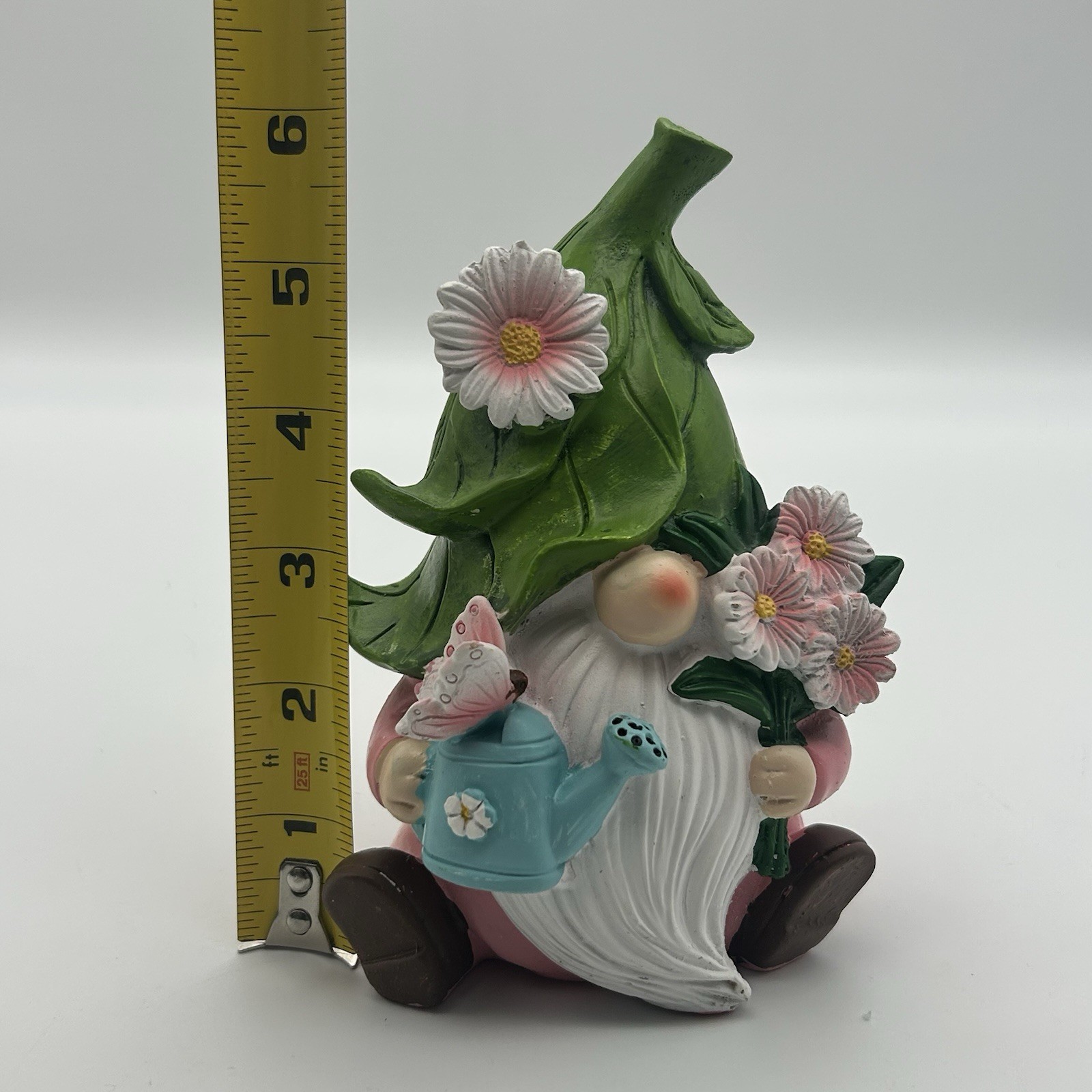 Spring Garden Gnome Figurine Watering Can Flowers Resin Pastel Decor ~6″