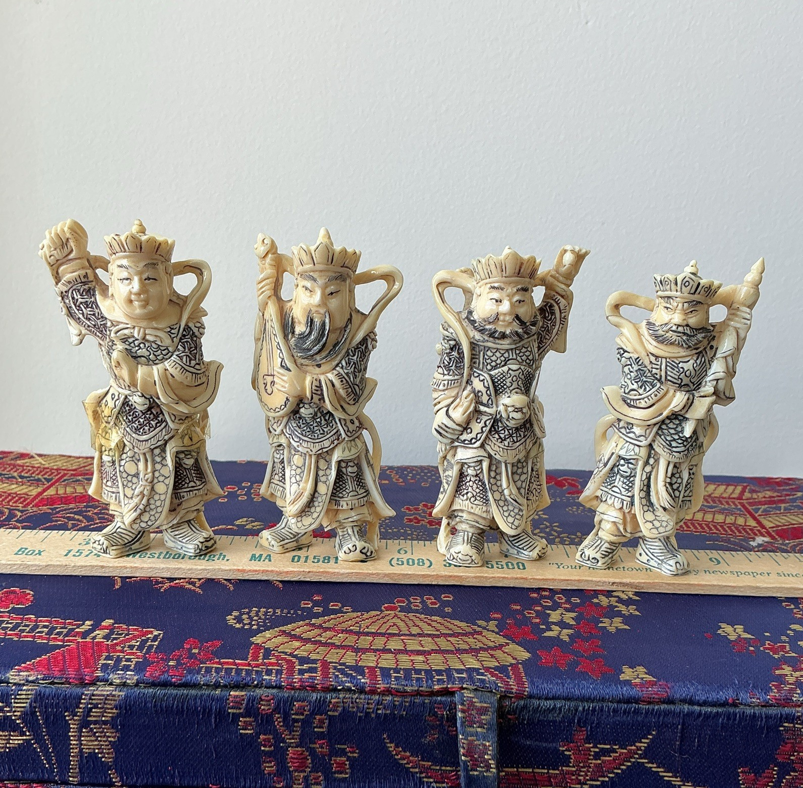 Carved 4 Vintage Warriors Men Figurines Set of 4 Beige Black Etched Details 3 in