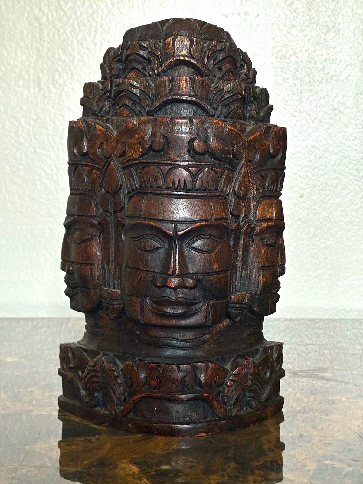 Hand-Carved Wood Asian Religious Multi-Face Figurine Wall Plaque Brown/Black