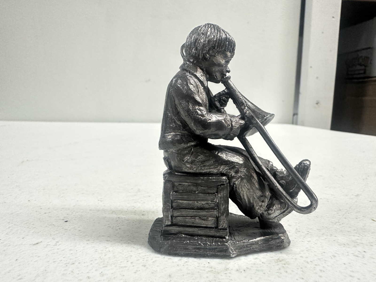 Young Boy Playing Trombone Pewter Figurine
