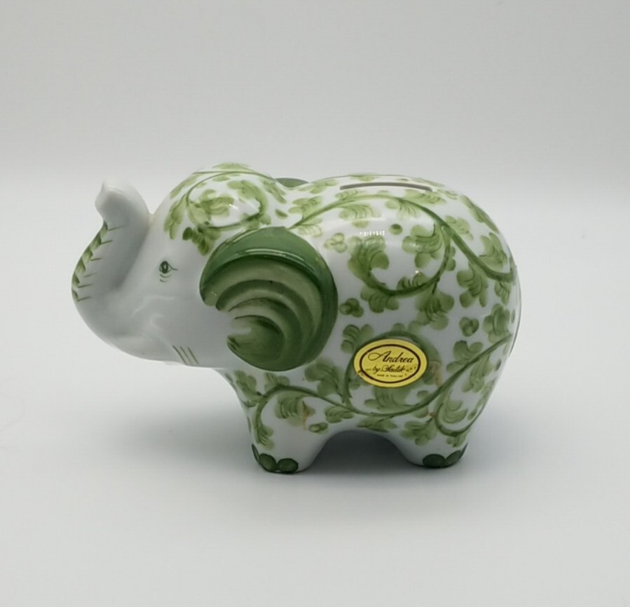 Andrea by Sadek Green and White Porcelain Elephant Coin Bank