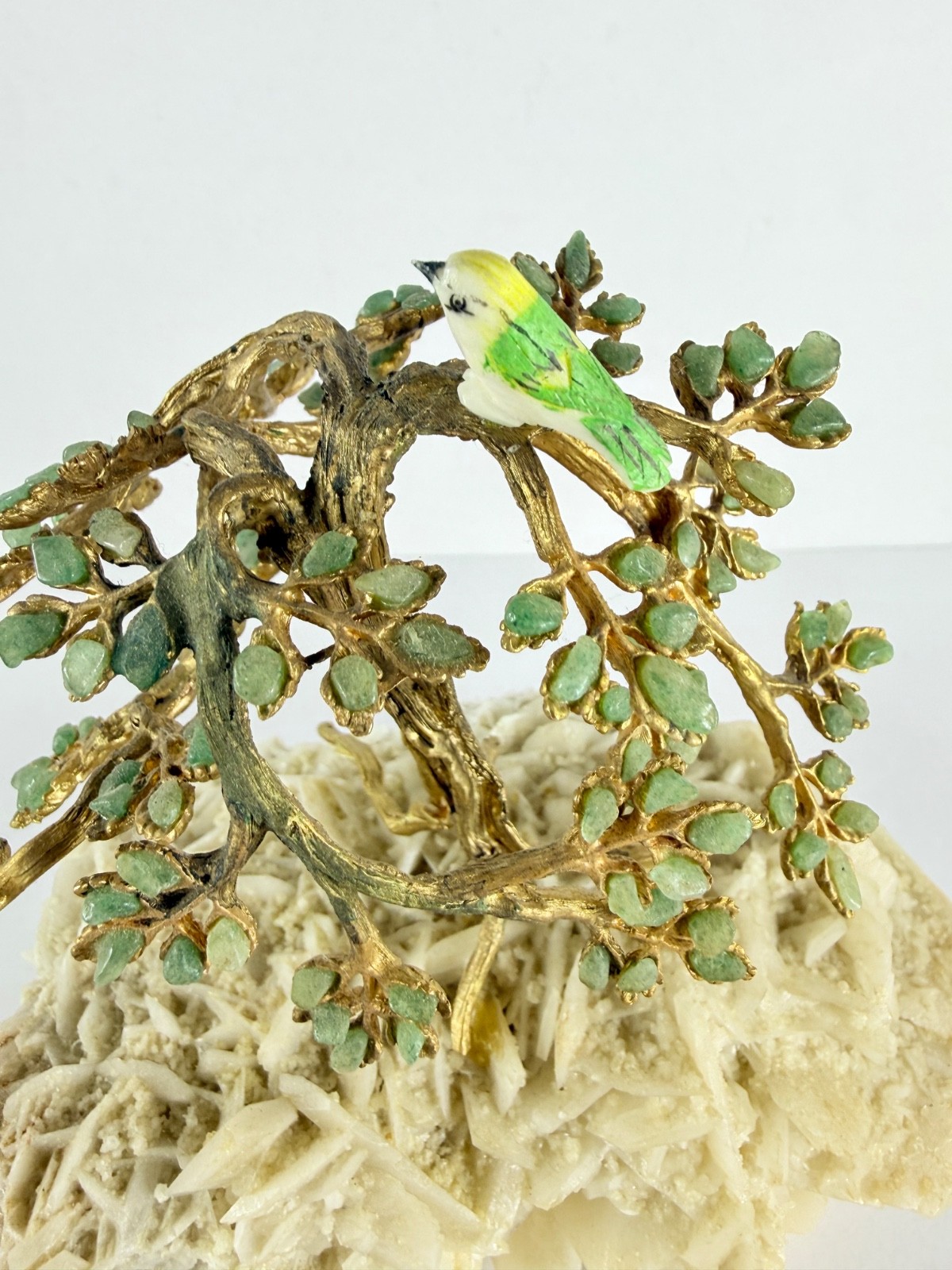 Swoboda Jade Leaves Tree With Bird Gold Trunk Branches Mineral Base VTG 60s