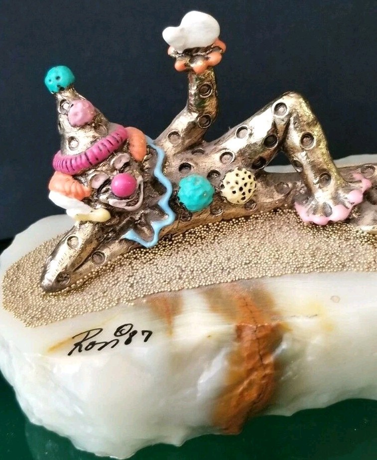 Brass Metal Lounging Clown Signed By Artist Marble Base Rare Ron Lee Clowns 1984