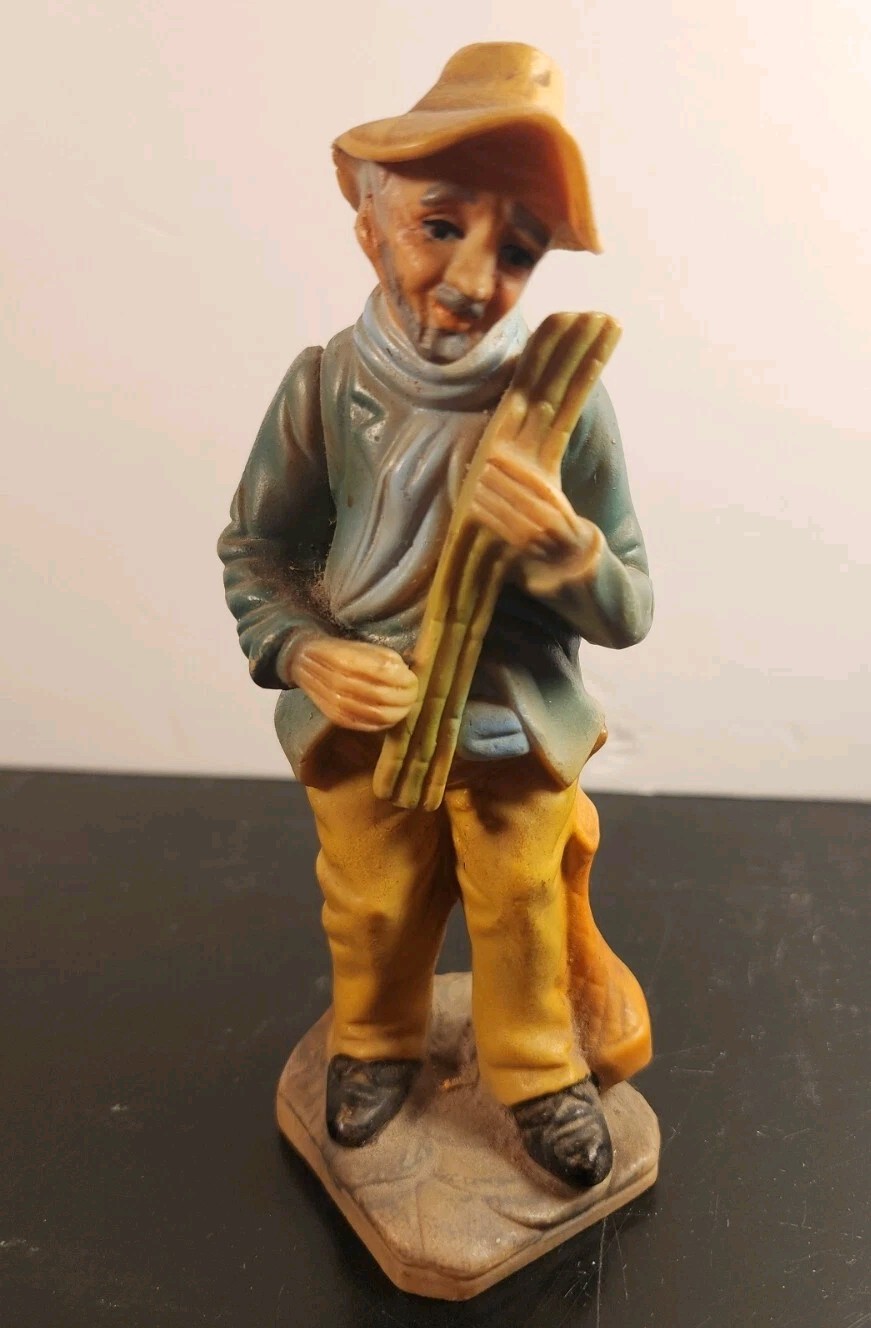 Porcelain Grandpa Statuette Figurine Old Man Holding Reeds Leaning On A Branch
