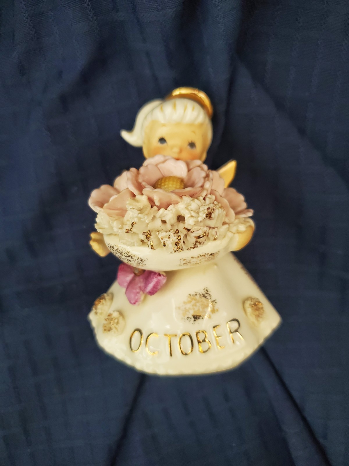 Vintage Lefton 50s Birthday Angel Figurine October Spaghetti Trim Cosmos Zircon