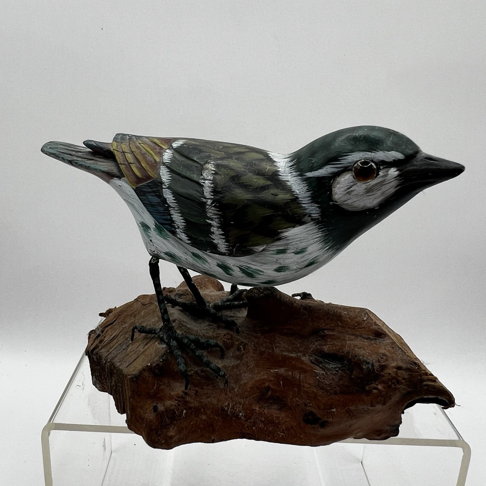 Vtg Hand Carved Wood Bird Numbered on Driftwood Heritage Industries Chickadee?