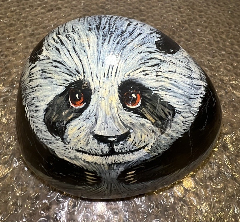 Vintage Panda Bear Hand Painted Rock Art Artist Signed 5.5” Door Stop 5 lbs +