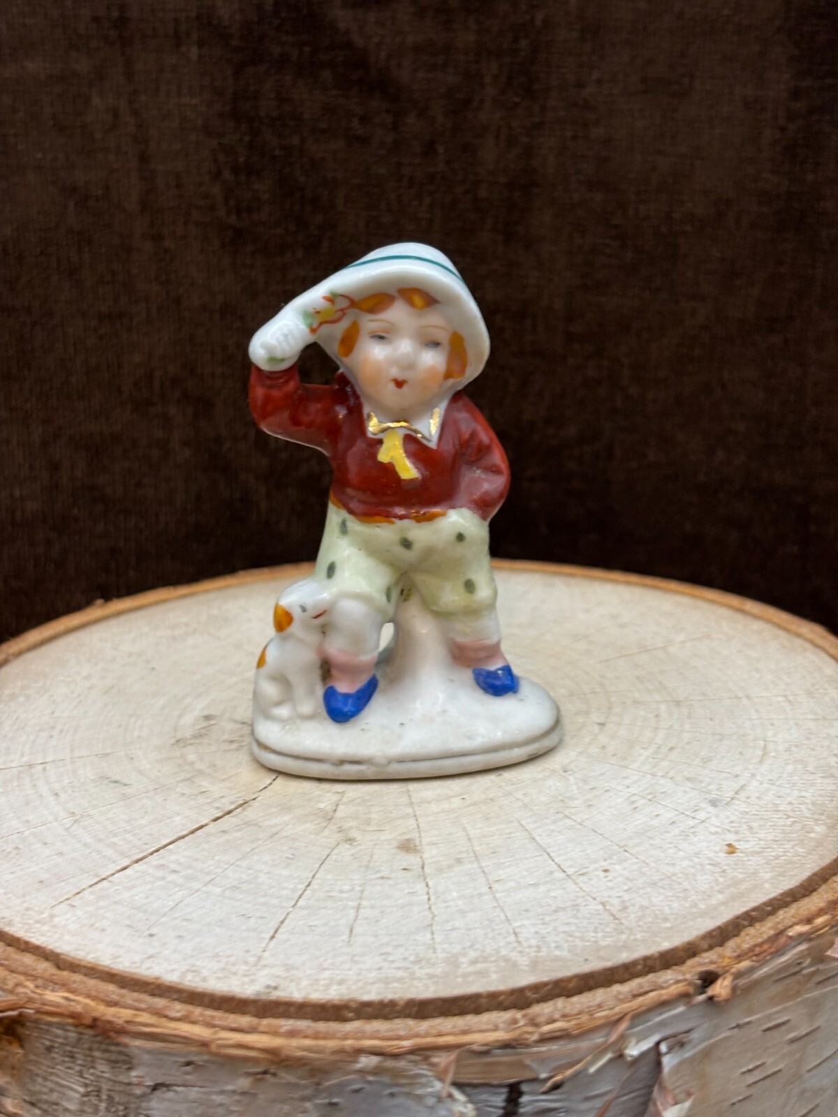 LITTLE BOY w/a Hat & His Puppy 2 3/4″ TALL Porcelain Made In OCCUPIED JAPAN EUC