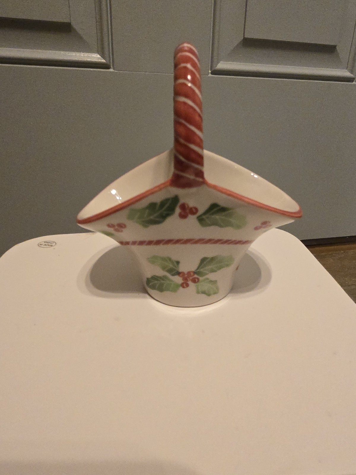 Andrea by Sadek Mini Porcelain Basket Holly Berries Red & White Handle Christmas