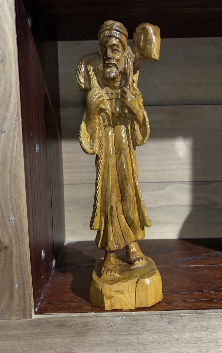 hand-carved olive wood figurine. Good Shepherd carrying lamb 10 in