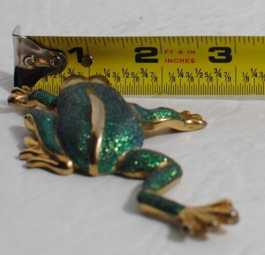 Vintage Gold Tone Frog Green Rhinestones Eyes Figurine 3 x 4 inches Long