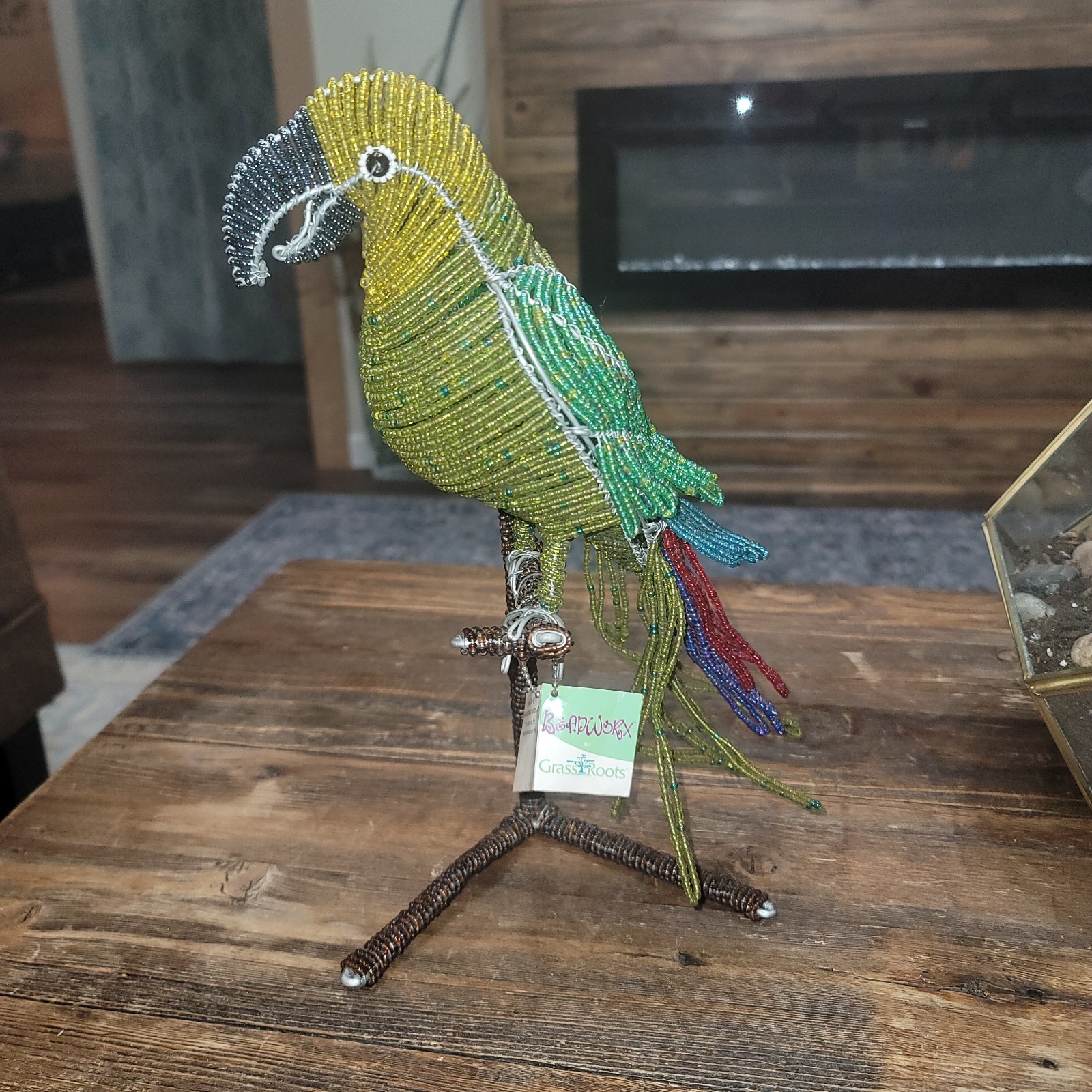 Grass Roots BeadWorx Beaded Wire Bird Parrot Sculpture Art Freestanding 9” X 13”