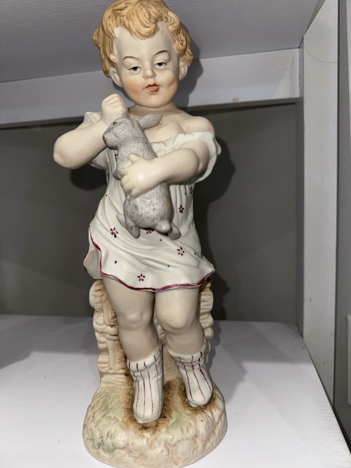 Antique German Bisque Figurines Pair Girl Rabbit Girl Dove Heubach Style 1890s