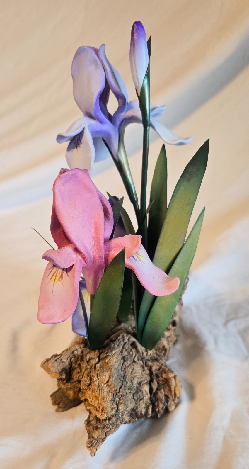 Vintage Porcelain Iris Flower Sculpture Driftwood Base Blue Pink Floral Figurine
