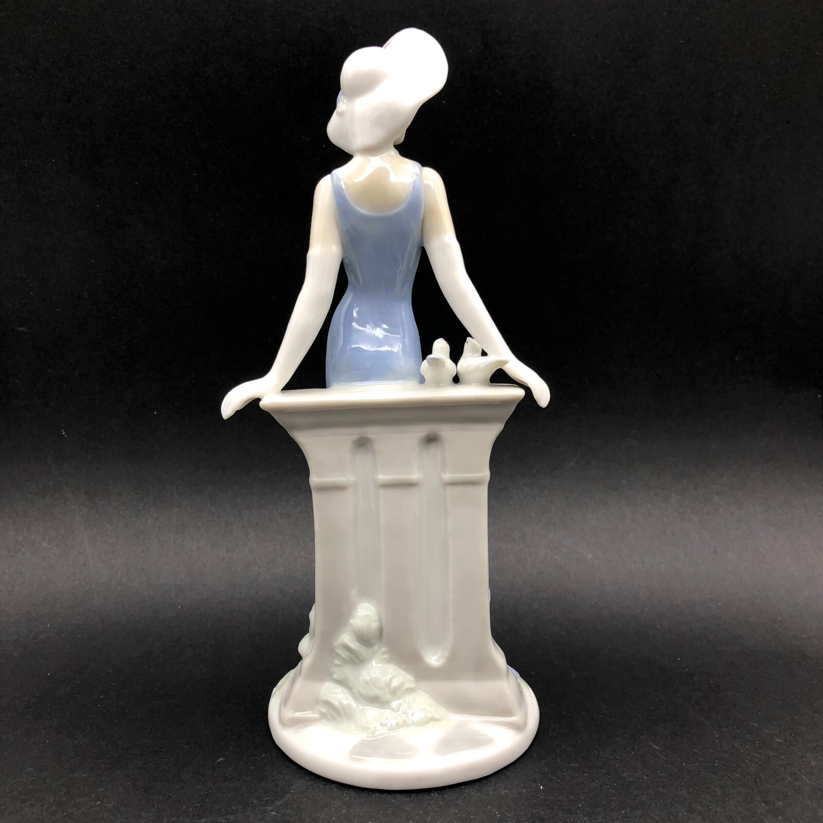 Porcelain Art Deco Statue Woman in Blue Dress Posing by Fireplace with Birds GUC