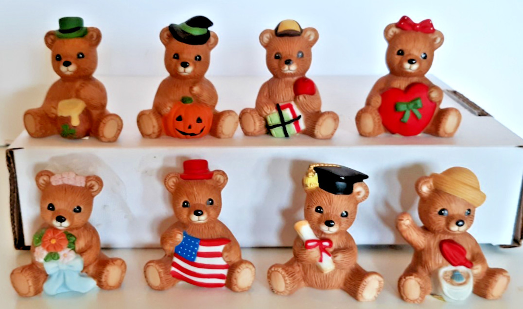 8 seasonal Homco porcelain bears holiday calendar bears 2.5″ tall