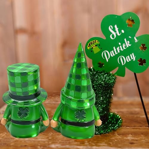 St. Patrick’s Day Decor 2 Pcs Irish Gnomes Figurines – Resin Green Grid Hats