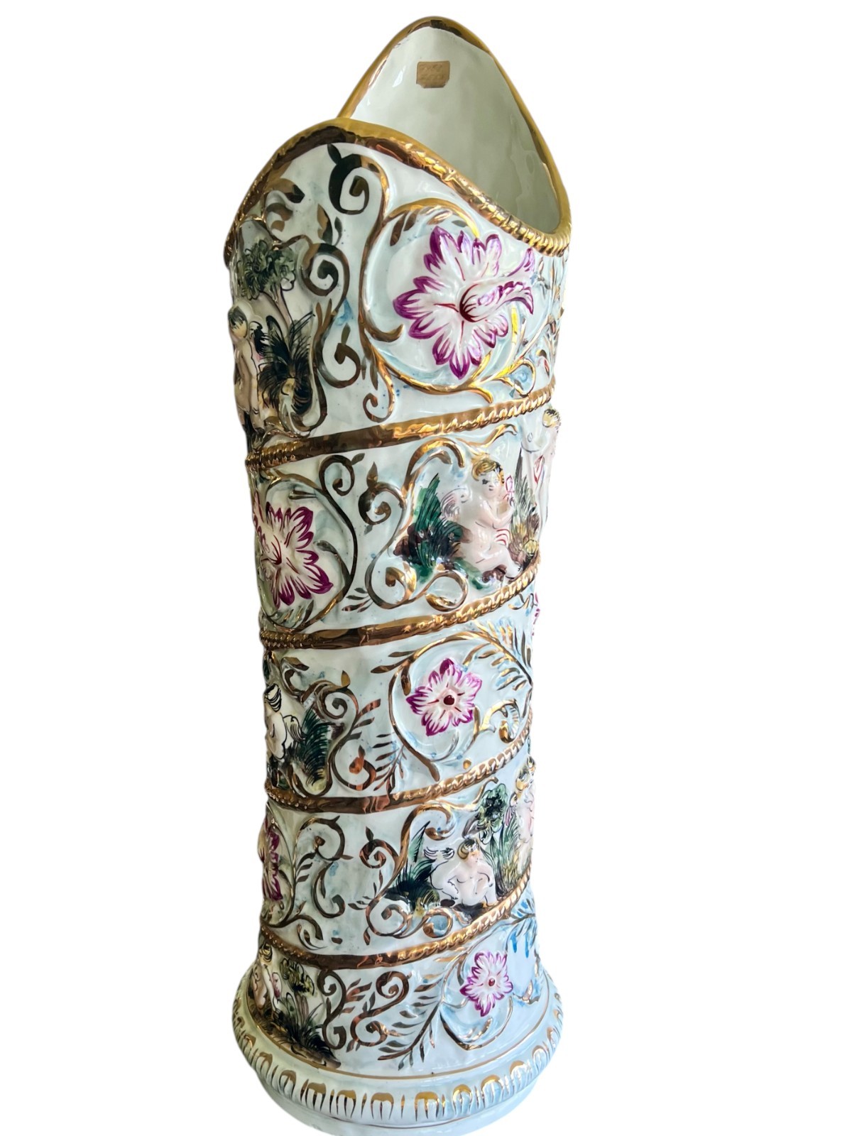 Rare Capodimonte Porcelain Umbrella Stand Gilded Scrolls Italian Rococo Cherubs