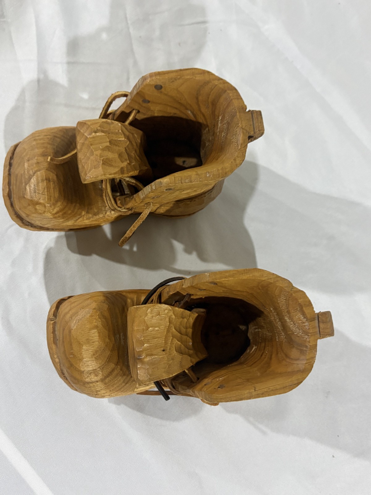 Hand Carved Wooden Shoe w/Leather Laces 3″ Hobo Boot Collectible Folk Art Signed