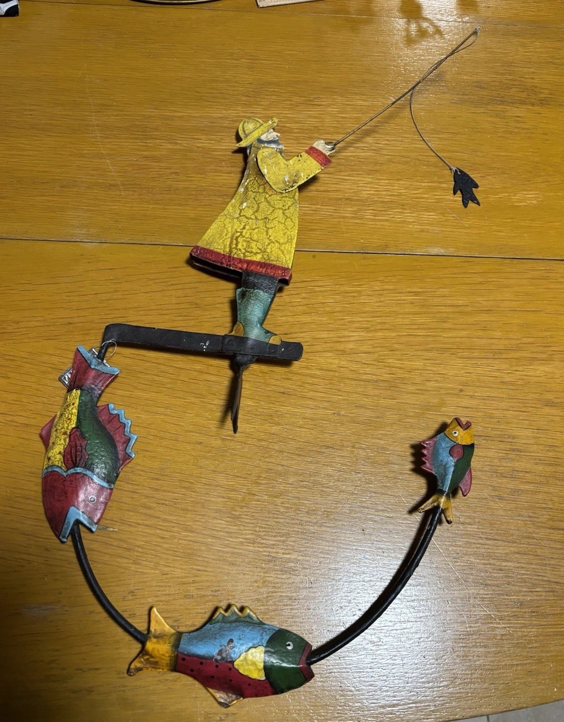 Hand painted Metal Balancing Fisherman Sky Hook Kinetic Art No Base