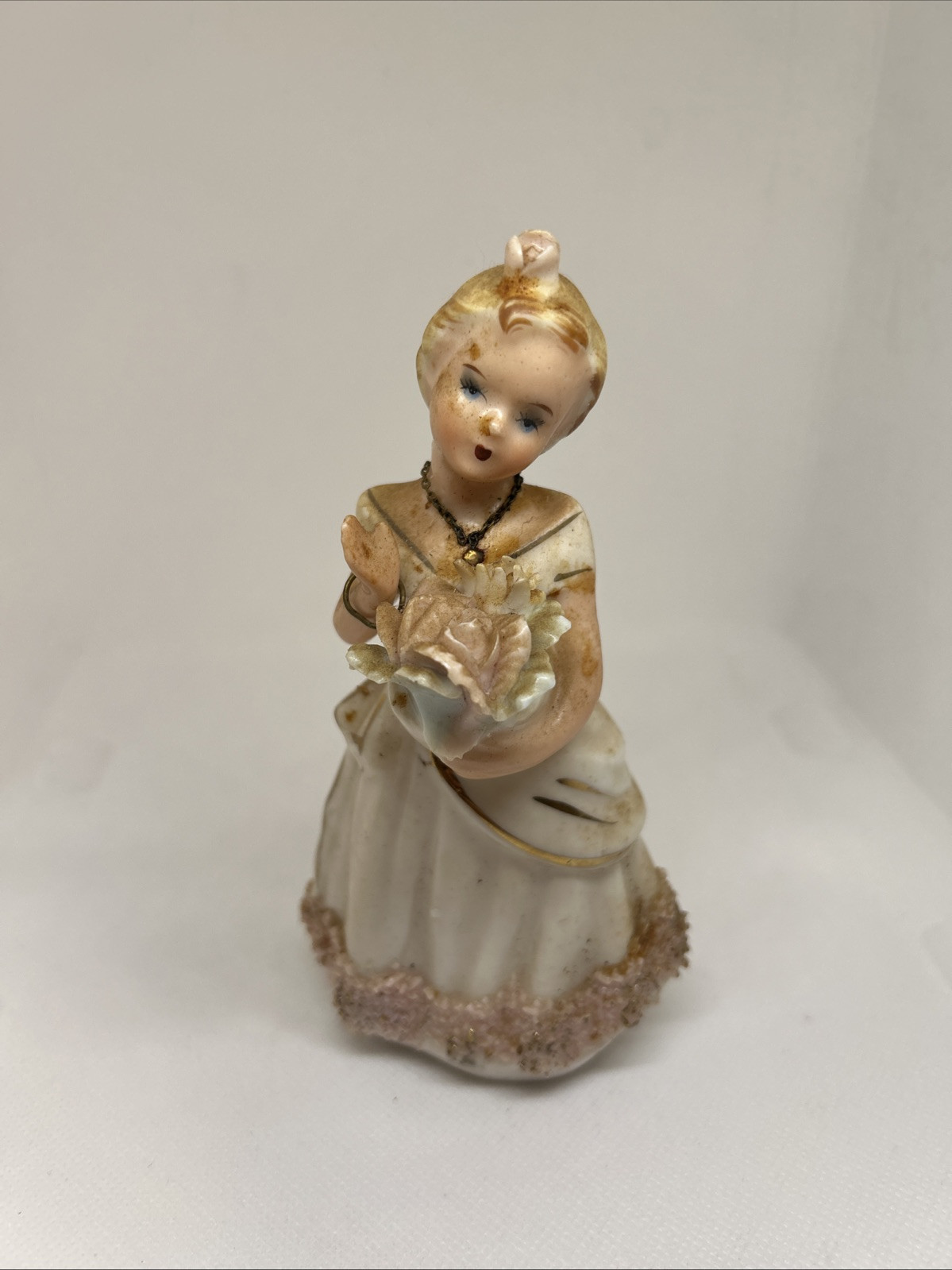 Vintage Napco Girl Figurine #164305 Blond Girl Pink Roses Spaghetti Jewels Japan