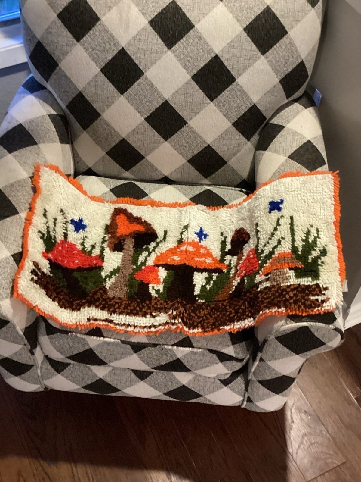 Hand Crafted Orange, Red, Brown & Green Merry Mushroom Latch Hook Wall Hanging