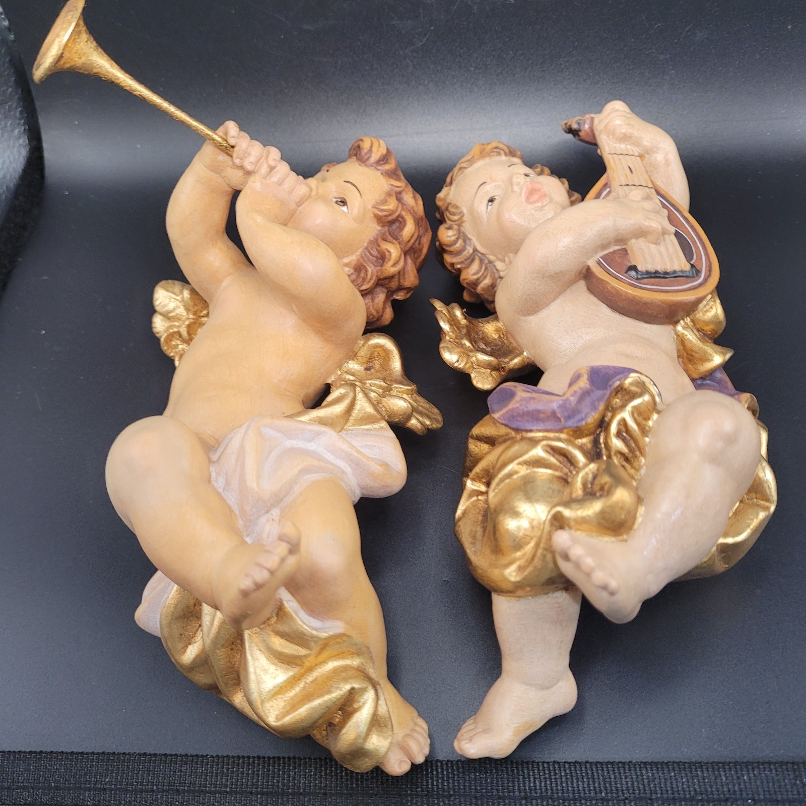 2 Resin Cherubs/Angel Wall Sculptures-Gilded Wings Mandolin/Horn Nice Detail