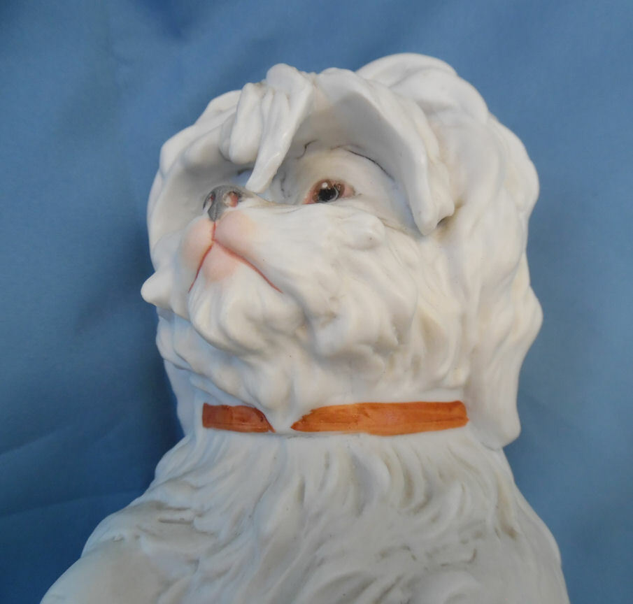 ANTIQUE GEBRUDER HUEBACH GERMAN PORCELAIN BISQUE BOLOGNESE DOG c.1892-1905