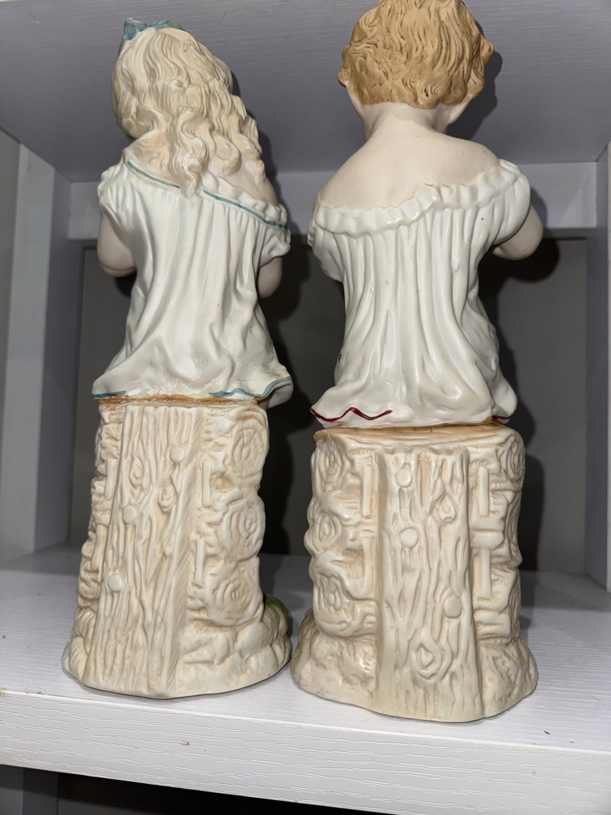 Antique German Bisque Figurines Pair Girl Rabbit Girl Dove Heubach Style 1890s