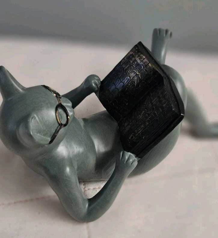 Literary Cat Resin Figure Statue Lounging Out Reading Book Cute