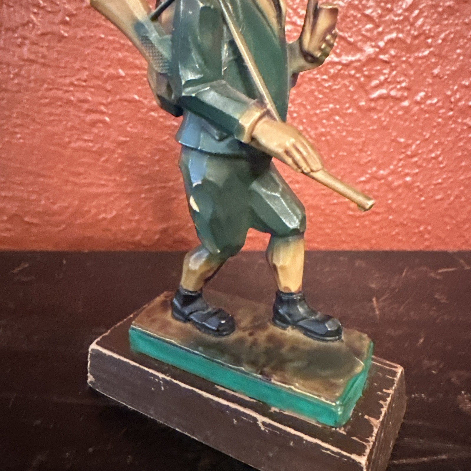 Vintage celluloid Or Resin Hunter Figurine 6″ tall With Gun & Pipe Hand Carved