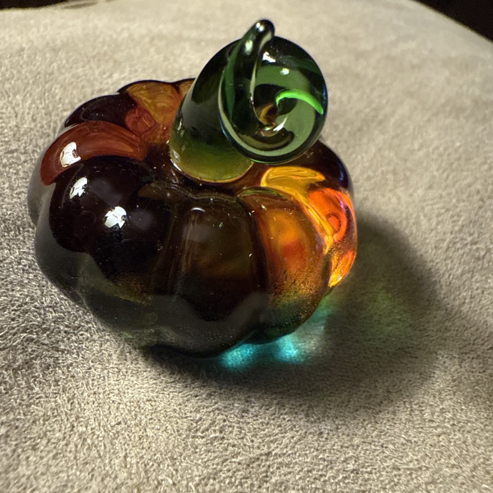 Adorable Handcrafted Glass Multi Colored Pumpkin With Green Stem Figurine