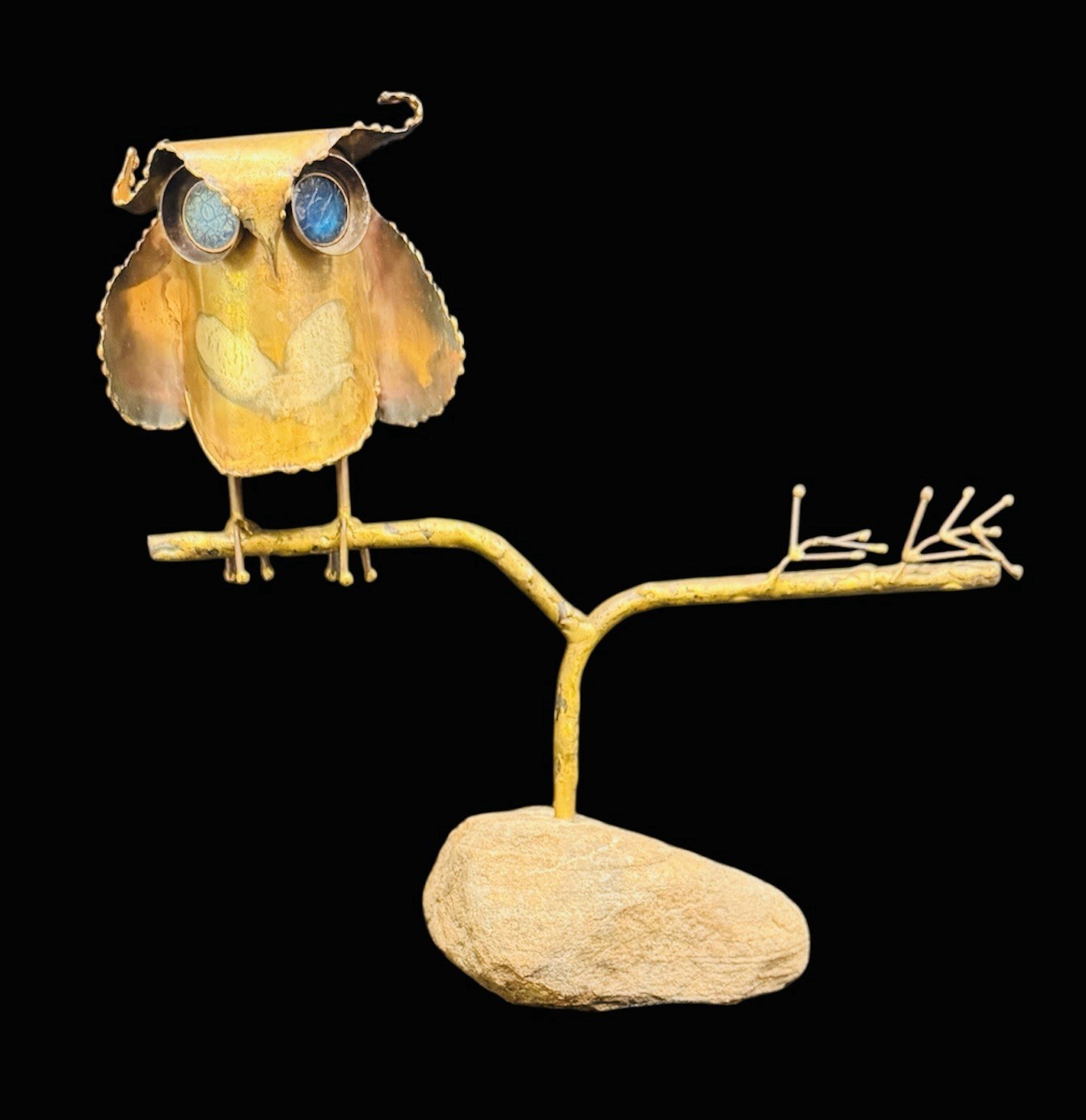 MCM 1969 Signed CURTIS JERE Brass Owl Perched On Branch on a Rock Sculpture