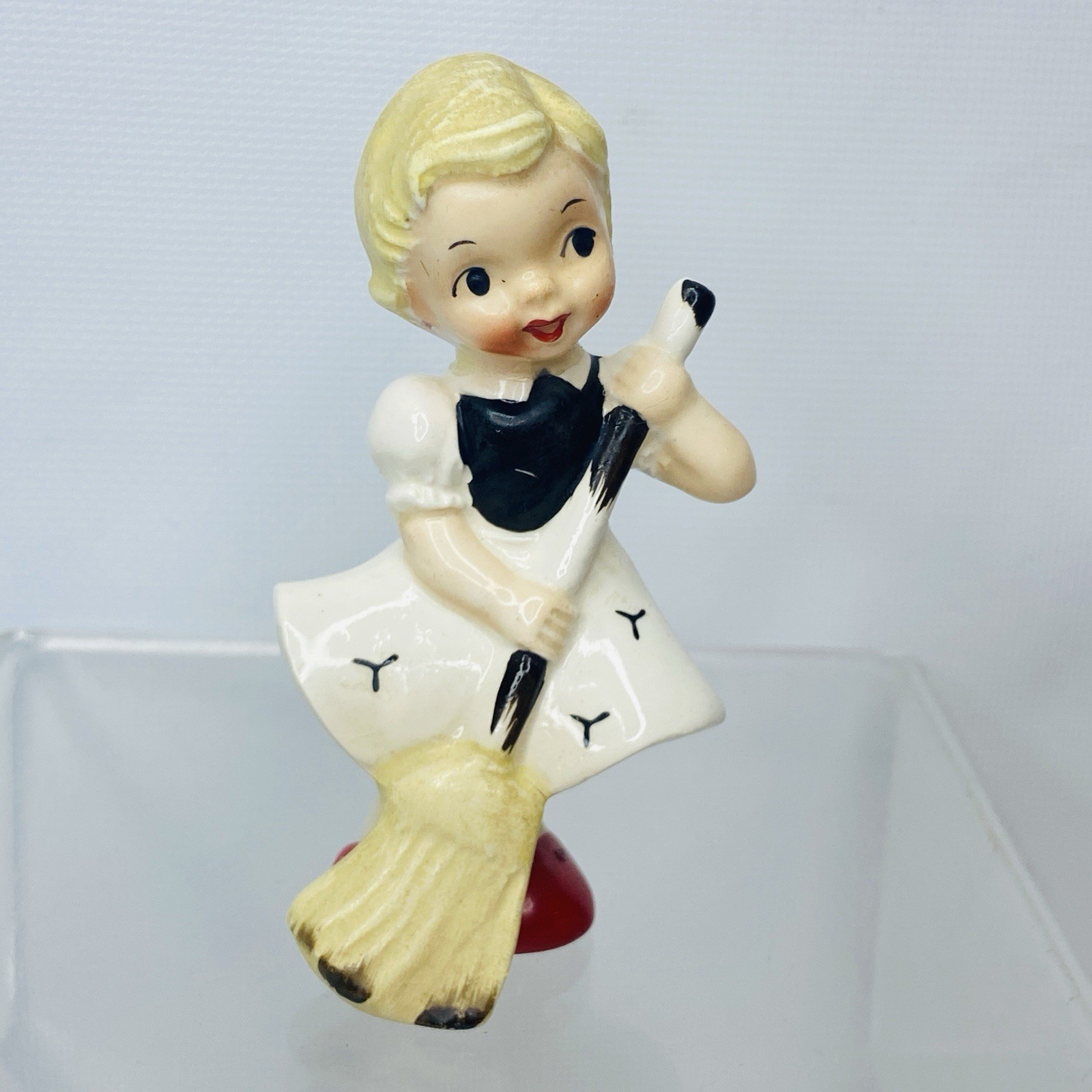 1950s Figurine Girl Sweeping Broom Ceramic Japan Mid Century Ucagco Vintage