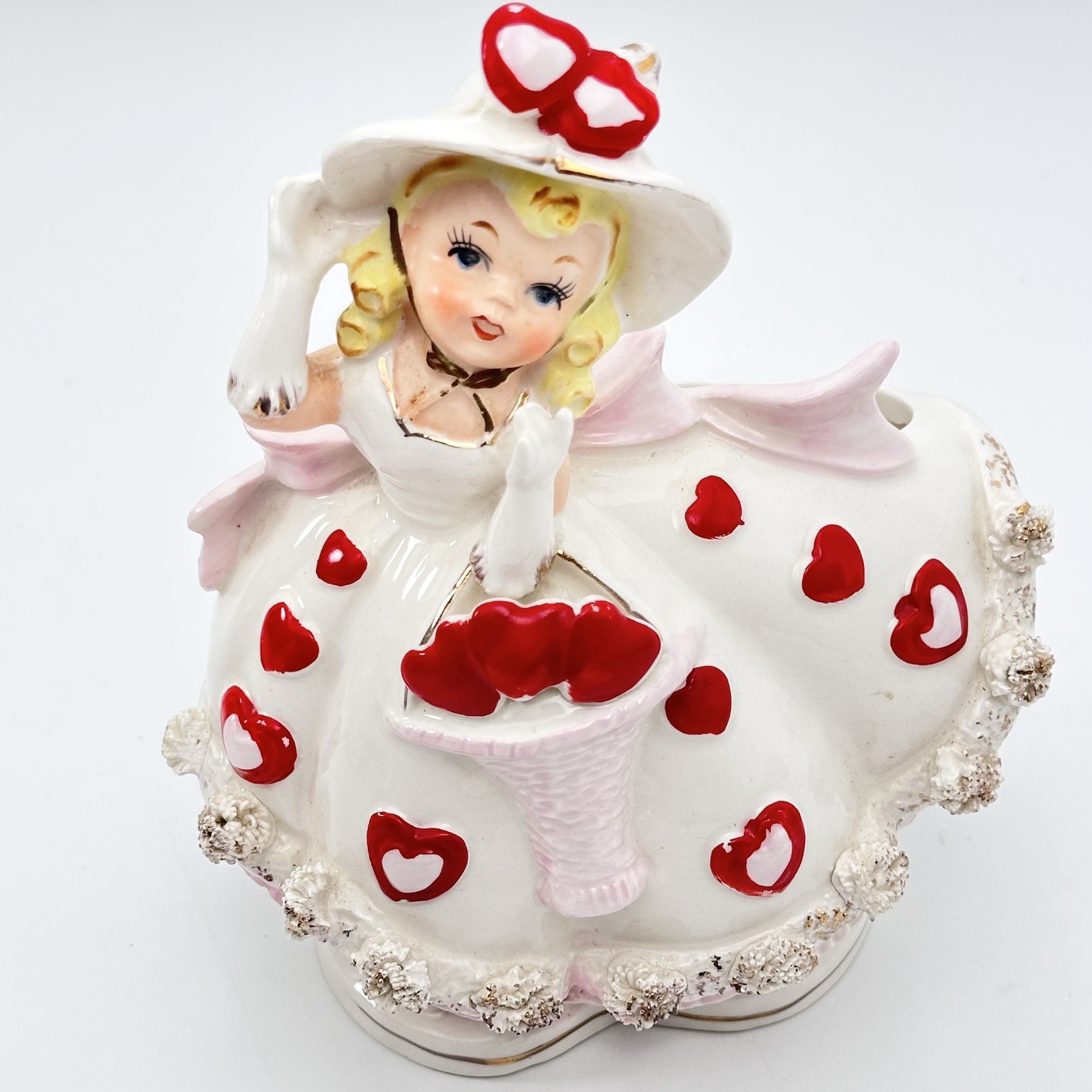 RARE Rubens VALENTINE HEARTS Planter Girl Figurine Japan 1950s Vintage Spaghetti