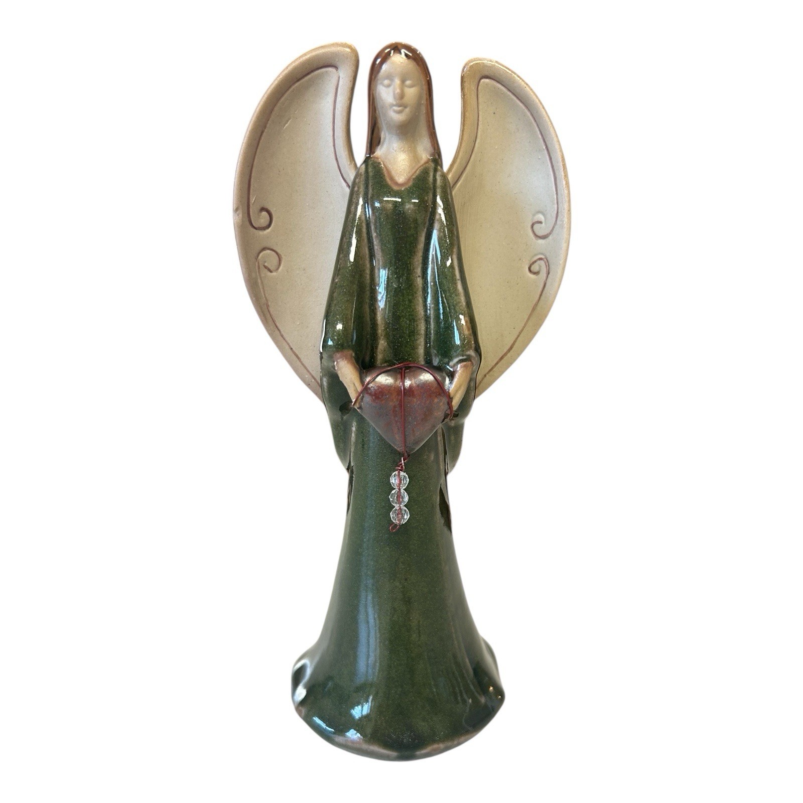 Vintage Heavenly Angel Holding Heart, Green, 8.5 Inches Tall, “Believe”