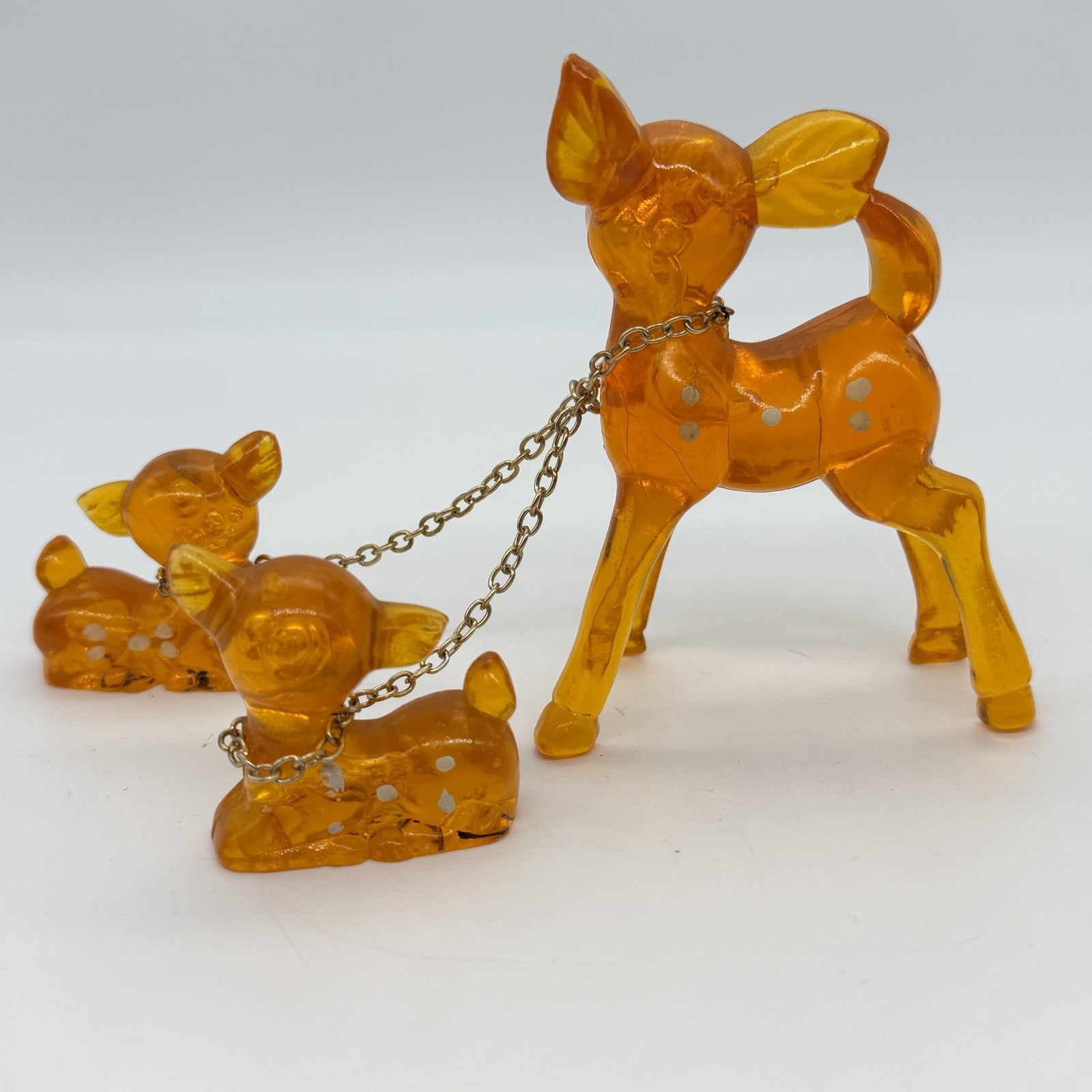 Vintage Lucite Chained Deer Family Orange White Spots & Eyes Retro Kitsch