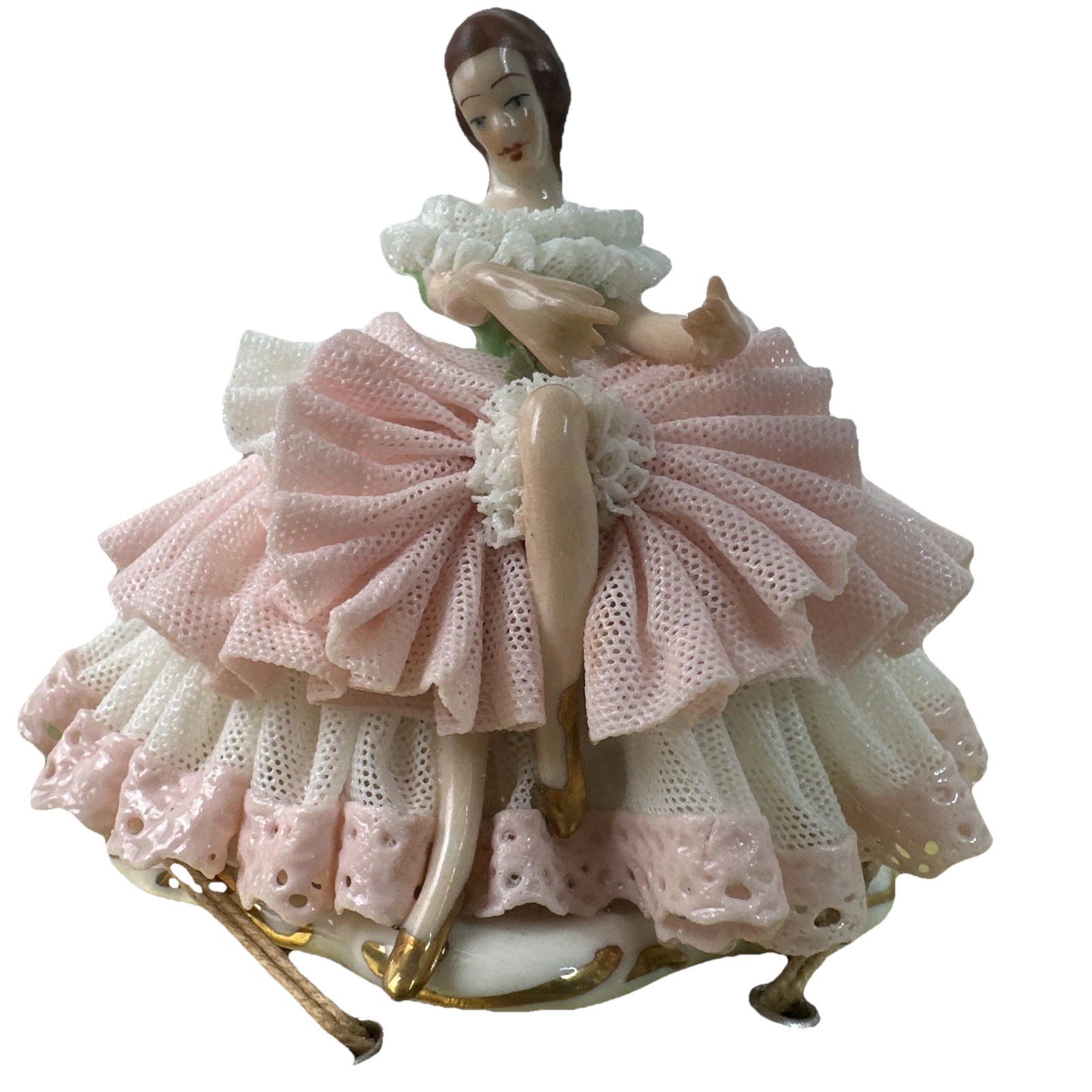 Vintage German Dresden Lace Ballerina Figurine Pink Tutu 3″ In Original Box NIB