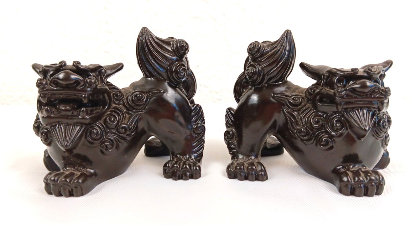 Pair Vintage Carved Black Resin or Iron Wood Japanese Foo Lion Dogs Figurines 3″