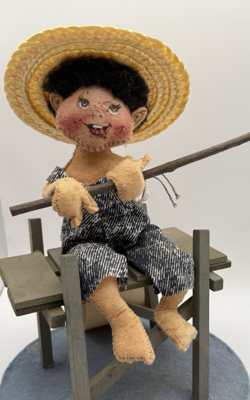Vintage 1993 Annalee Fisherman Doll Figure Fishing Pole Fish Bench Display