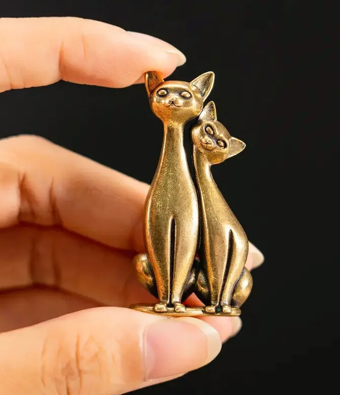 Brass Couple Lover Cat Figurine Small Animal Statue Table Home Decoration Toy